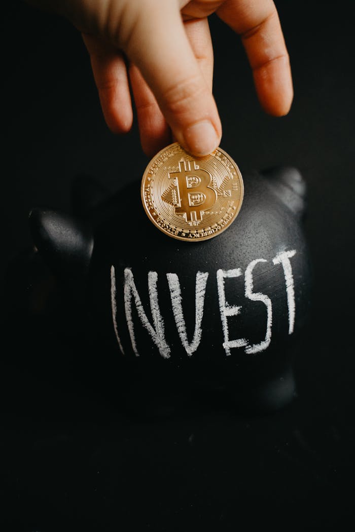 expertise-01 Gold bitcoin inserted into a black piggy bank labeled Invest, symbolizing cryptocurrency saving.